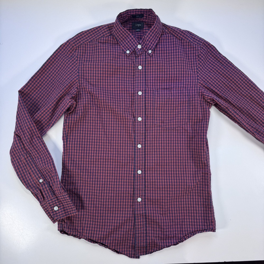 J CREW Long Sleeve Button Down Slim Gingham‎ Check Shirt Mens Small Red Cotton